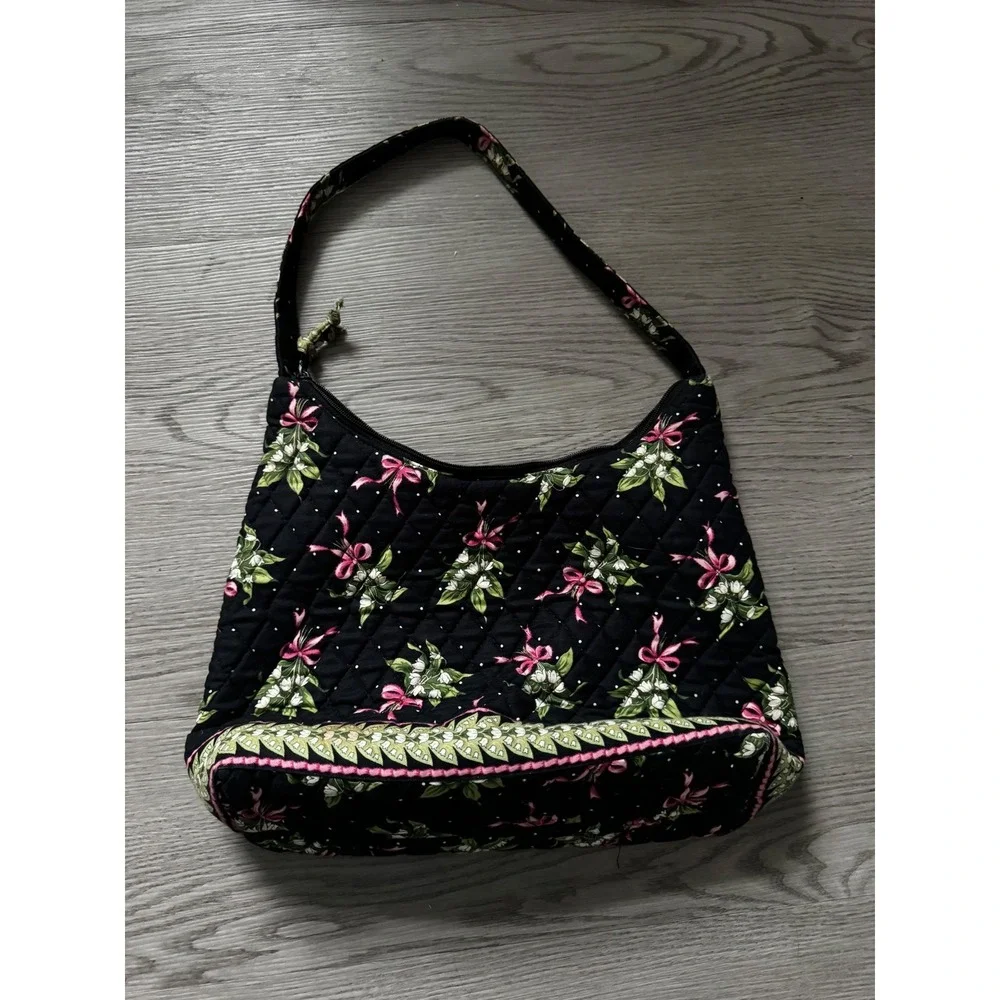 Vera Bradley Lily Bell Quilted Cotton Shoulder Bag Black Floral Pink Bows Hobo